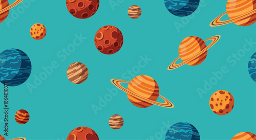 Colorful seamless pattern of diverse planets and celestial bodies floating in deep space against a dark blue background for cosmic designs.