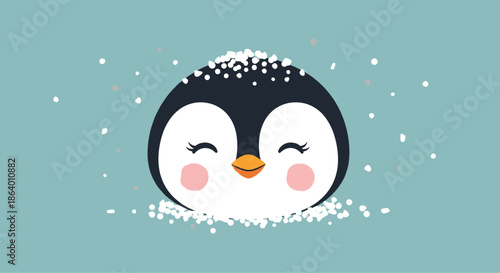Adorable cartoon illustration of a smiling penguin face with pink blushing cheeks and falling snow on a blue background for winter motifs.