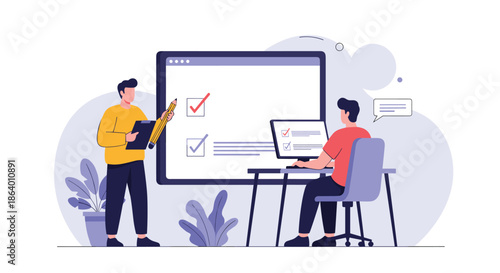 Two business professionals collaborating on a large digital checklist screen representing project management and task completion concepts.