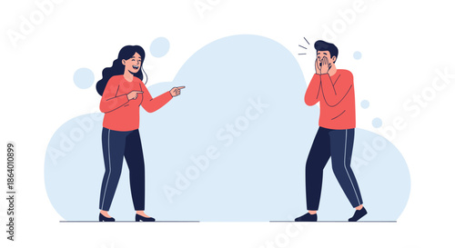 Woman laughing and pointing at a man who looks shocked and embarrassed in a humorous character interaction illustration on blue background.