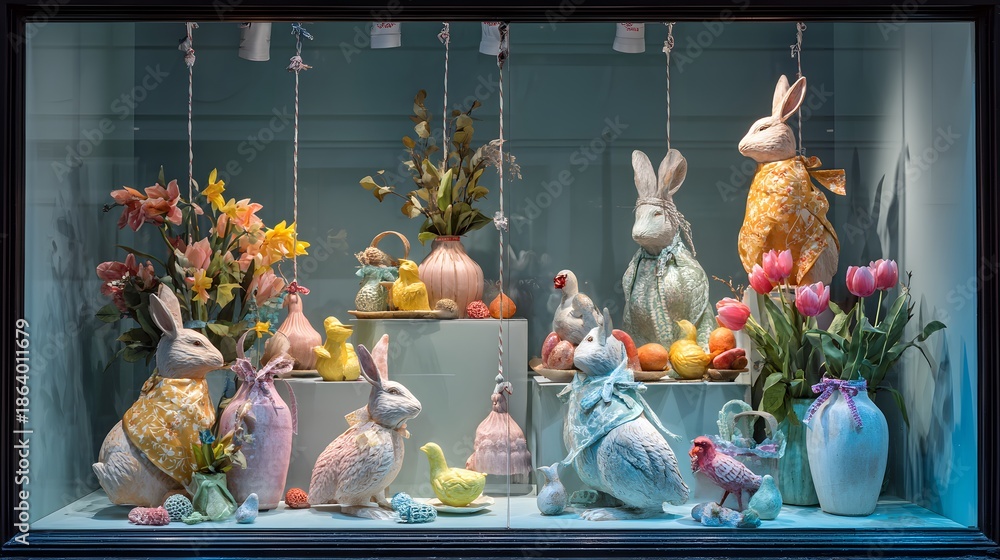 Fototapeta premium Charming Easter window display featuring bunnies, chicks, and spring flowers