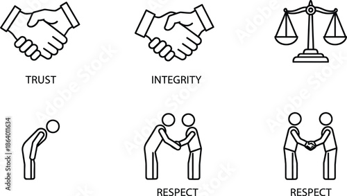 Simple Line Art Illustrations depicting Trust, Respect, and Integrity in various Human Interactions