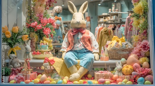 Charming Easter bunny display in a store window with flowers and gifts