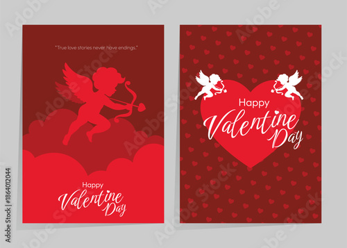 Romantic Valentine greeting featuring red heart, cupid silhouette, clouds, playful love accents.