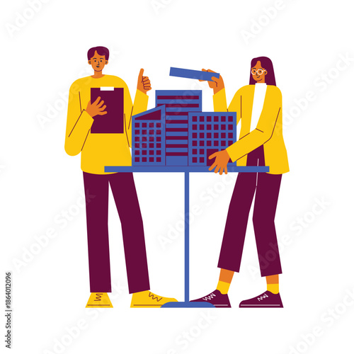 Architects Constructing Building Model with Precision and Teamwork.