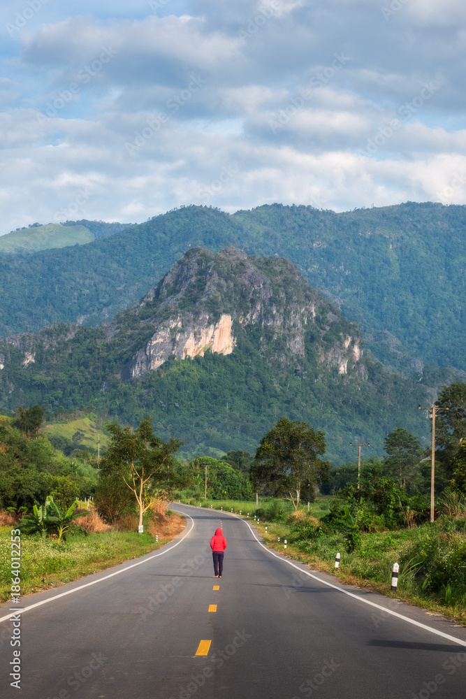 Naklejka premium Person Walking Alone on a Road Toward Mountains