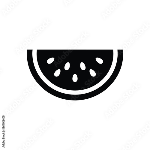 A simple black and white illustration of a watermelon slice appears
