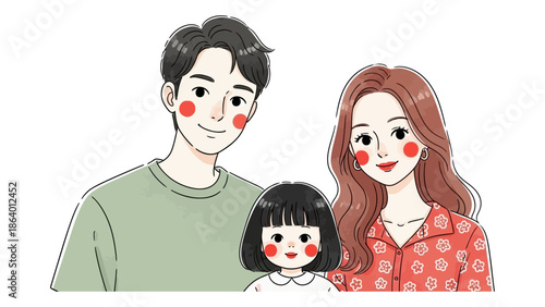 asian family illustration portrait of smiling parents and their daughter conveying happiness and togetherness for lifestyle and parenting projects.