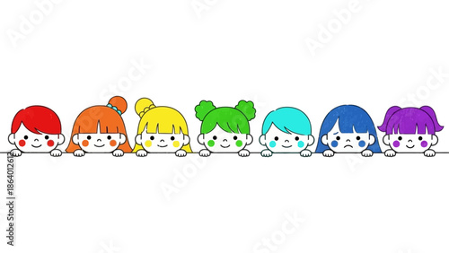 diverse cartoon children peeking over a white line showcasing individuality and emotions ideal for educational resources and inclusivity themes