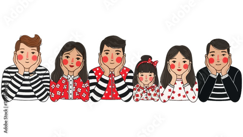 diverse cartoon family illustration featuring cheerful people posing with hands on chins perfect for lifestyle community and marketing graphic resources.