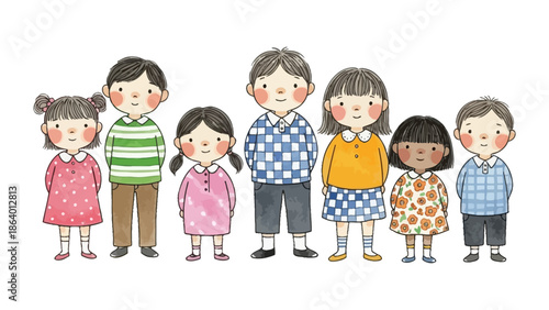 diverse group of happy children standing together on a white background representing multicultural childhood education and friendship concepts.