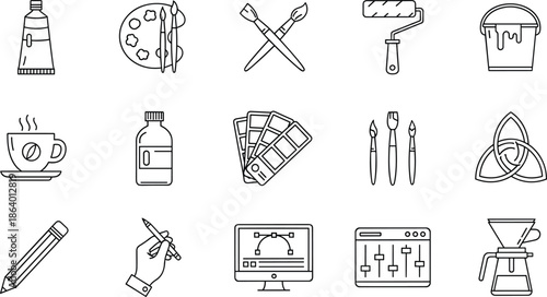 Paint Palette, Brushes, Coffee, Color Swatch, Pen, Computer Monitor, and Audio Mixer Outline Collection.