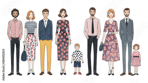 diverse people illustration with families and individuals displaying various fashion styles isolated on white for character design and marketing.
