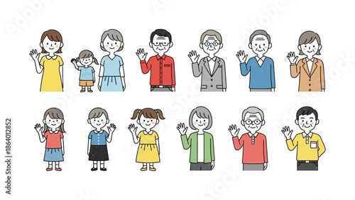 diverse people of all ages smiling and waving representing a friendly and inclusive community for various educational and marketing design projects.