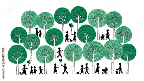 families walking in park enjoying outdoor leisure activities surrounded by stylized green trees illustrating environmental design and healthy lifestyle campaigns