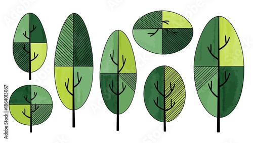geometric trees graphic illustration set with abstract green leaf patterns for eco-friendly branding and modern environmental designs