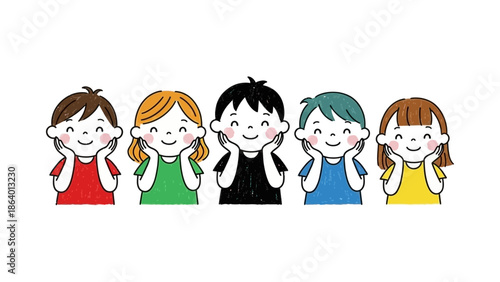 happy diverse children smiling with hands on cheeks illustrating joyful kids for educational resources early learning and school projects.