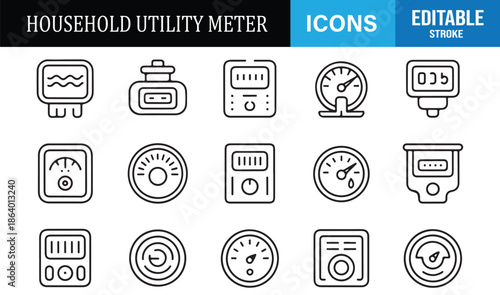 Home electricity water and gas meter line icons collection
