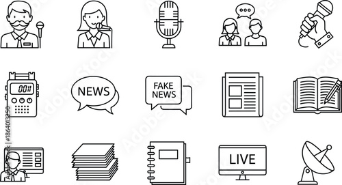 Reporter, Microphone, Fake News, Recorder, Newspaper, Notebook, Live Stream, and Satellite Dish Outline Collection.