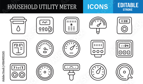Household utility meter outline icons set for energy monitoring