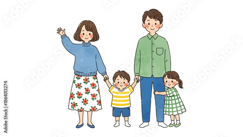 happy family illustration of parents and two children a boy and girl standing together depicting a loving family bond.