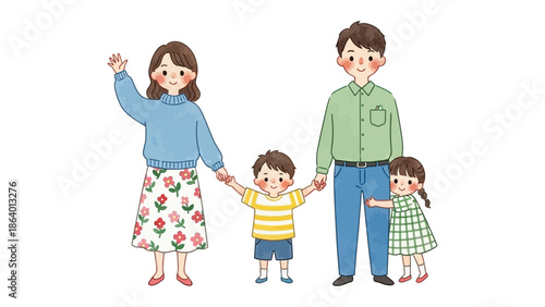 happy family illustration of parents and two children smiling holding hands on a white background ideal for parenting and childhood content