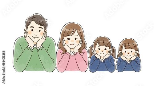 happy family illustration parents and two daughters smiling and posing together for family lifestyle parenting and togetherness visuals.