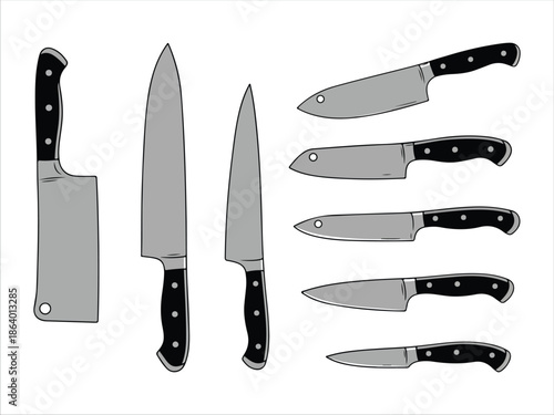 Set of kitchen knives with black handles isolated