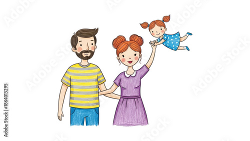 happy family illustration showing smiling parents playing with their joyful daughter on a white background useful for parenting content and relationship topics.