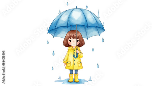 little girl in rain with blue umbrella and yellow raincoat illustration suitable for spring weather forecasts or childrens book covers