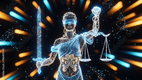 A Digital Representation of Lady Justice with Scales and Sword in a Futuristic Environment