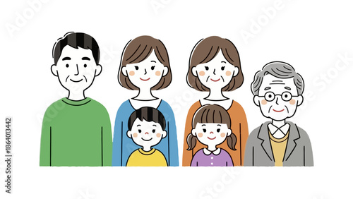 multi generational japanese family illustration featuring smiling parents children and grandparents on white background promoting unity and family bonds.