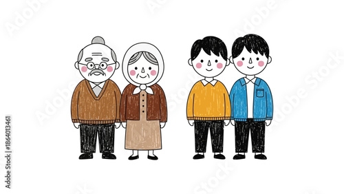 multi-generational family illustration featuring smiling grandparents and two young men standing together on a white background for intergenerational themes.