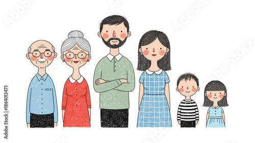 multi-generational family illustration of grandparents parents and children standing together useful for intergenerational bonds.