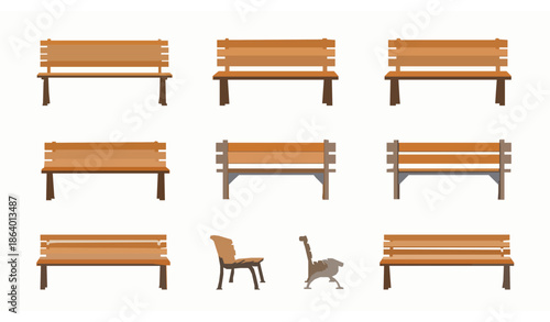Minimal bench furniture vector set with top side and isometric views isolated on white