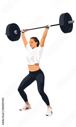 Strong Woman Holding Barbell in Front Rack Position