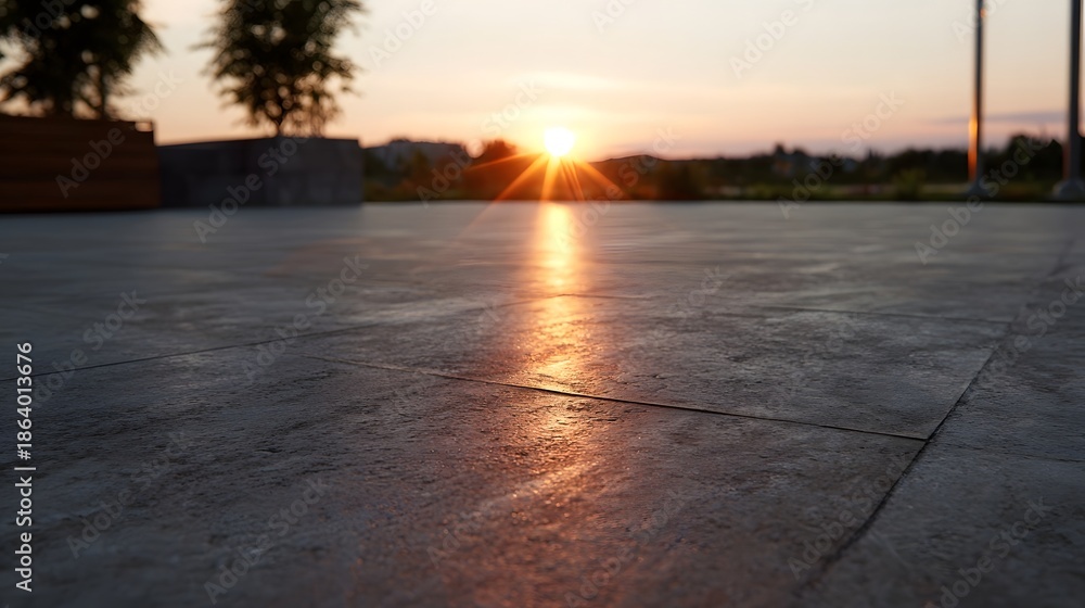 custom made wallpaper toronto digitalBeautiful golden hour sunset casting vivid warm reflections on a textured grey paved outdoor patio floor serene evening atmosphere