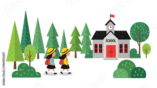 school children walking to school through a natural path symbolizing the journey of early education and back to learning concepts.