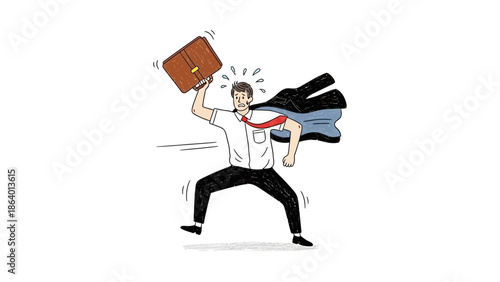 stressed businessman running late with briefcase and jacket flying off illustrating urgency deadlines and a busy overwhelming work schedule