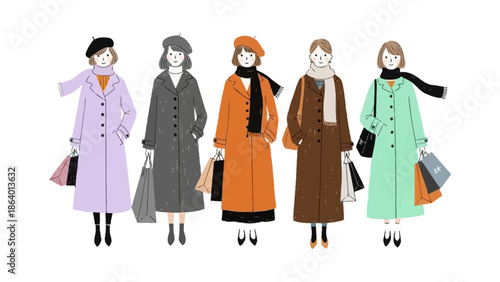 stylish women shopping for fashion items in long winter coats and berets during a seasonal sale event for retail advertising campaigns.