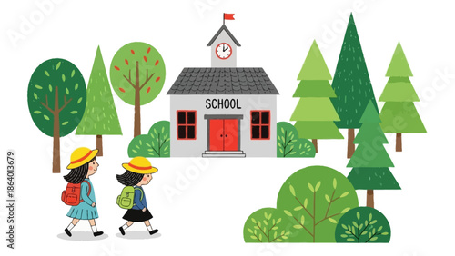 two young schoolgirls walking to school through a park-like setting representing childhood education and the exciting back to school concept.