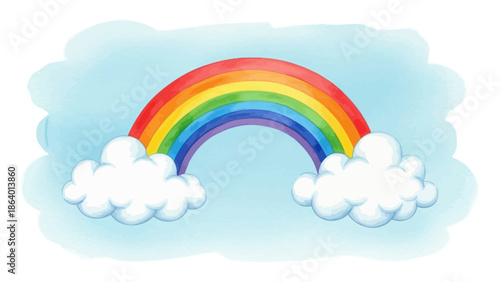 watercolor rainbow and clouds arching in a bright blue sky a colorful illustration suitable for childrens content weather lessons and branding.