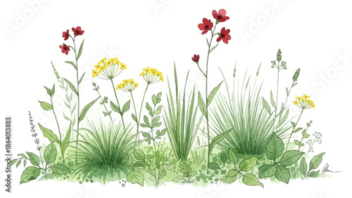 watercolor wildflower border design with blooming plants and green grass offers a fresh natural background for eco-friendly product packaging.