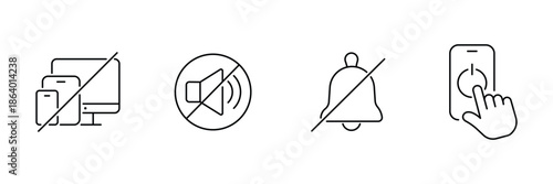 Screen detox icon set, no mobile laptop, mute volume sound, silent notification bell, finger screen shutdown illustration.