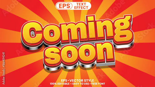 Coming Soon 3D editable Text Effect Vector Template with Vibrant Orange and Red Sunburst Background for Marketing Announcements.