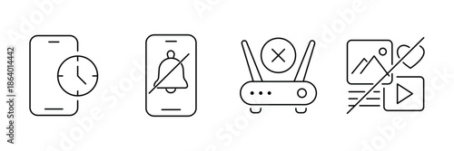 Digital detox icon set, phone timer alarm silent, router wi-fi block, no photo video content illustration.
