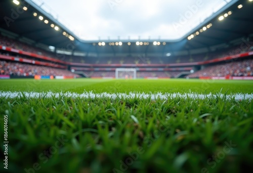 football arena with green grass field and blurred fans at playground view. Concept of outdoot sport, football, championship, match, game space