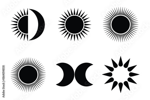 Sun and moon celestial silhouette icons for astrology and nature