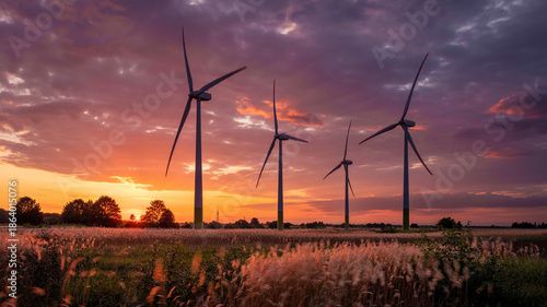 wind turbines at sunset