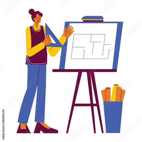 Female Architect Working on Blueprint Design with Ruler.